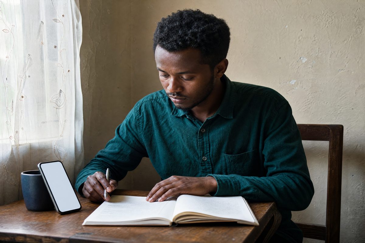 Man writing in a notebook, phone propped