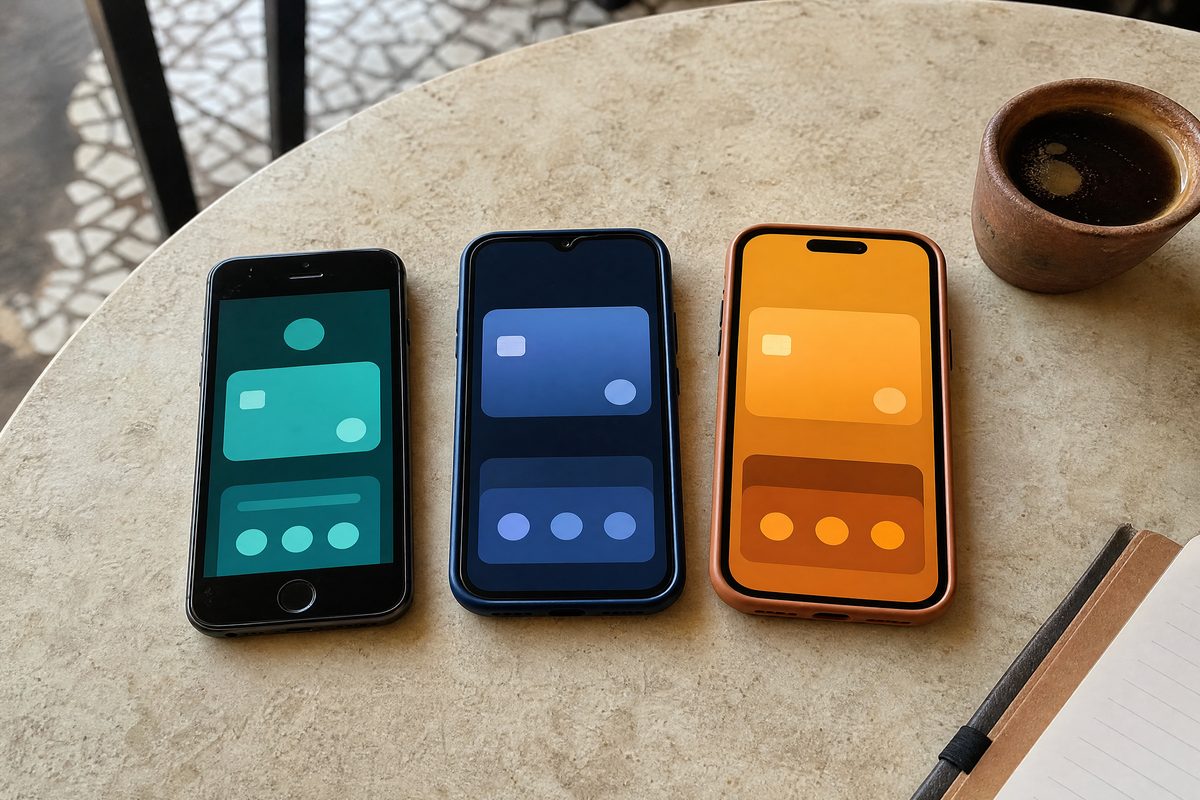 Three phones, three abstract wallet colors