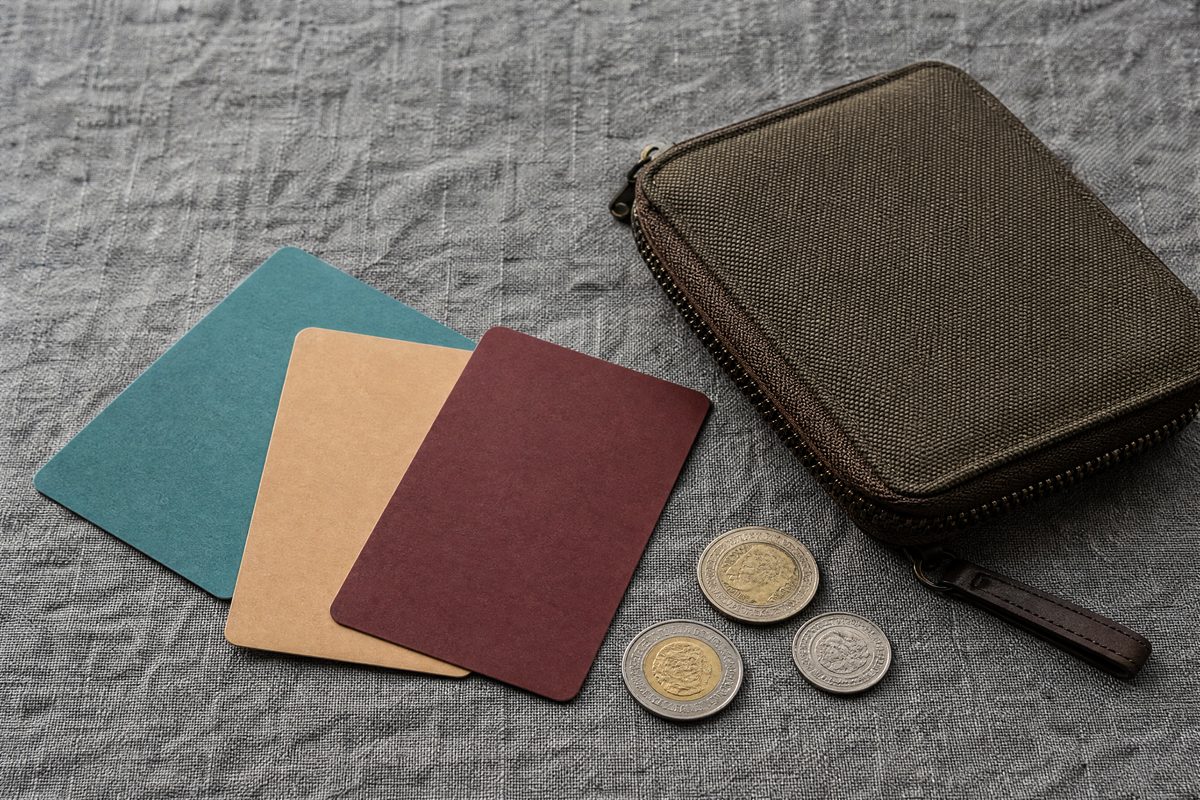 Three blank cards, zip wallet, coins
